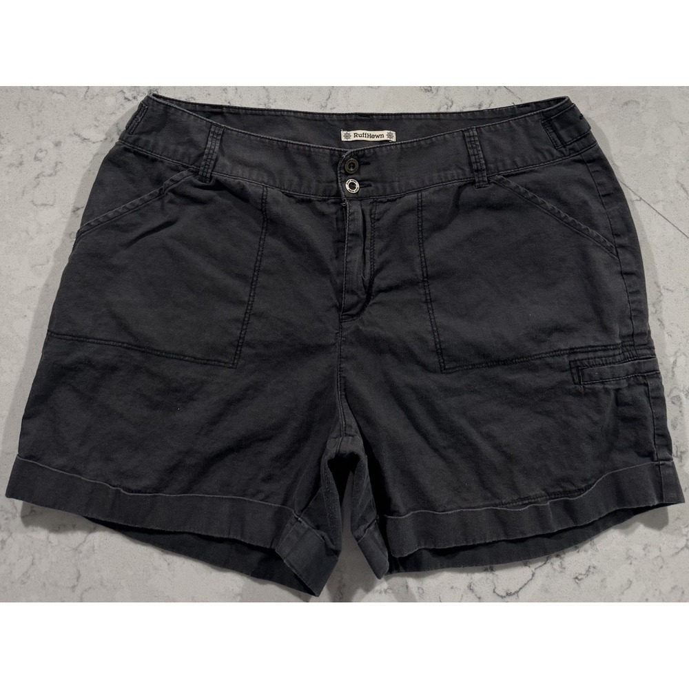 RuffHewn Utility Chino Shorts Womens 14 Black Linen Cotton Cuffed Cargo Pockets
